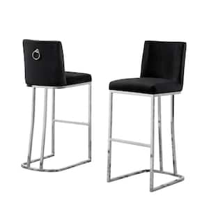 Erin 29 in. H Black Low Back Bar Stool Chair With Silver Chrome Base and Back Ring With Velvet Fabric (Set of 2)