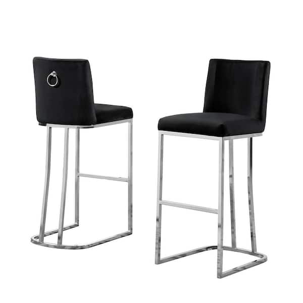 Best Quality Furniture Erin 29 in. H Black Low Back Bar Stool Chair With Silver Chrome Base and Back Ring With Velvet Fabric (Set of 2)