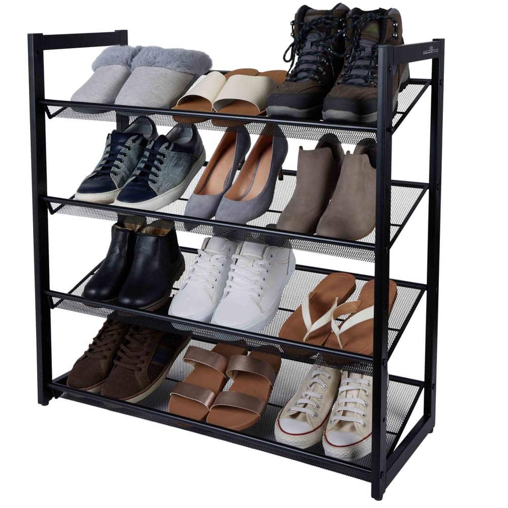 Black Metal 4-Tier Stackable Mesh Shoe Rack