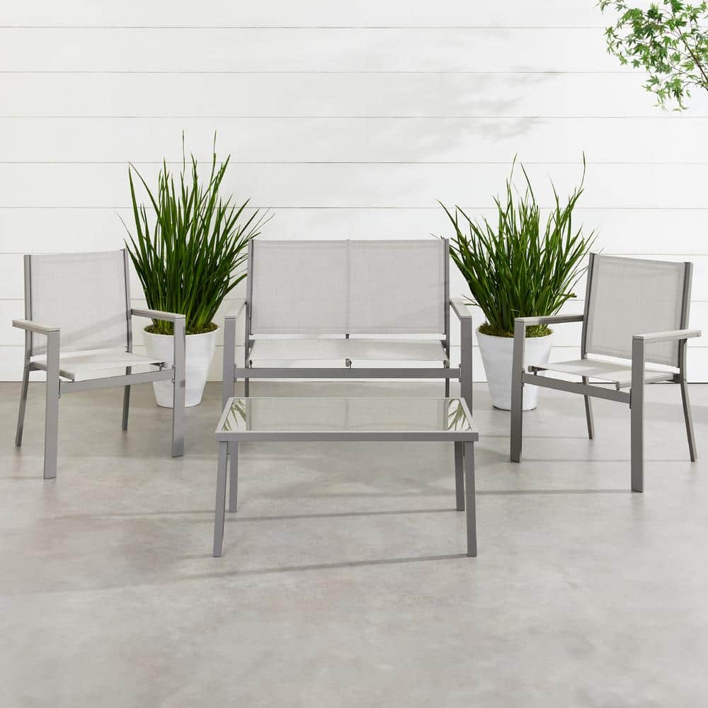 Gray Steel 4-Piece Patio Conversation Set with Armchairs and Coffee Table