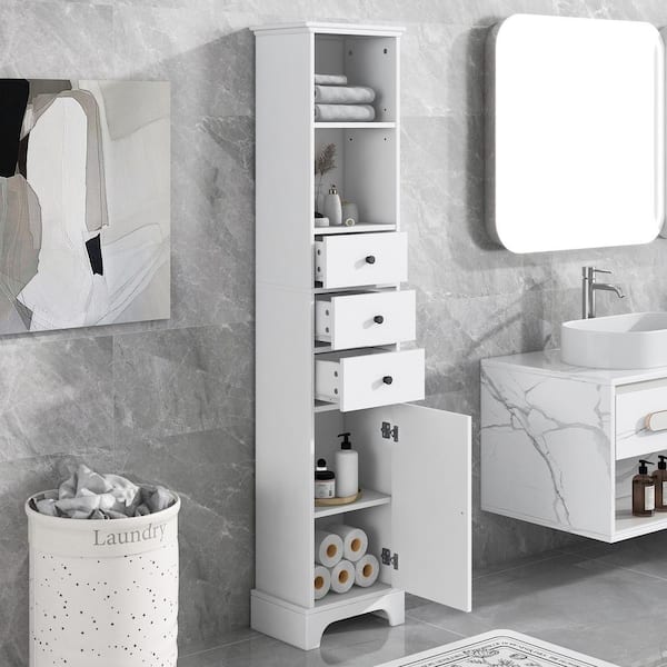Tenleaf 15 in. W x 10 in. D x 68.30 in. H White MDF Freestanding Linen Cabinet with Door and Drawers, Adjustable Shelf