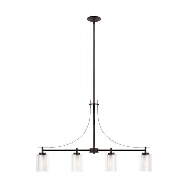 Generation Lighting Elmwood Park 40 in. 4-Light Bronze Modern Transitional Linear Island Hanging Pendant with Satin Etched Glass Shades