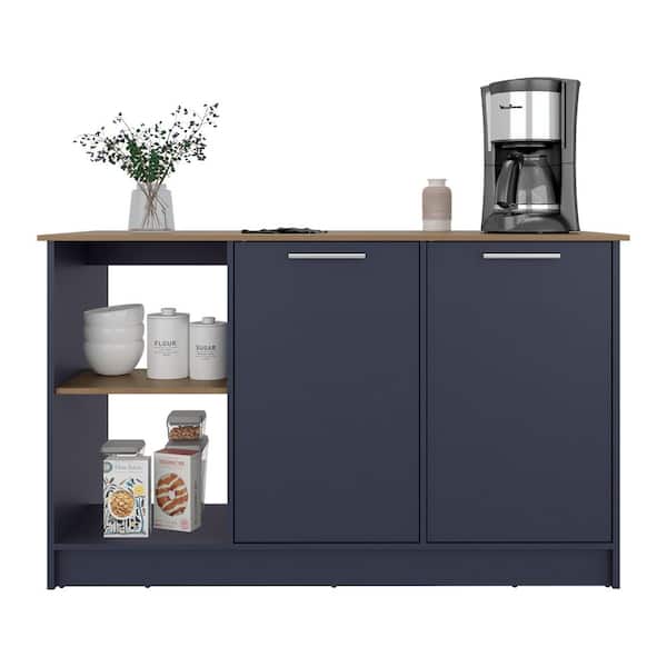 Oak Blue Wood 25 in. Kitchen Island with  Storage Cabinet and Open Shelves