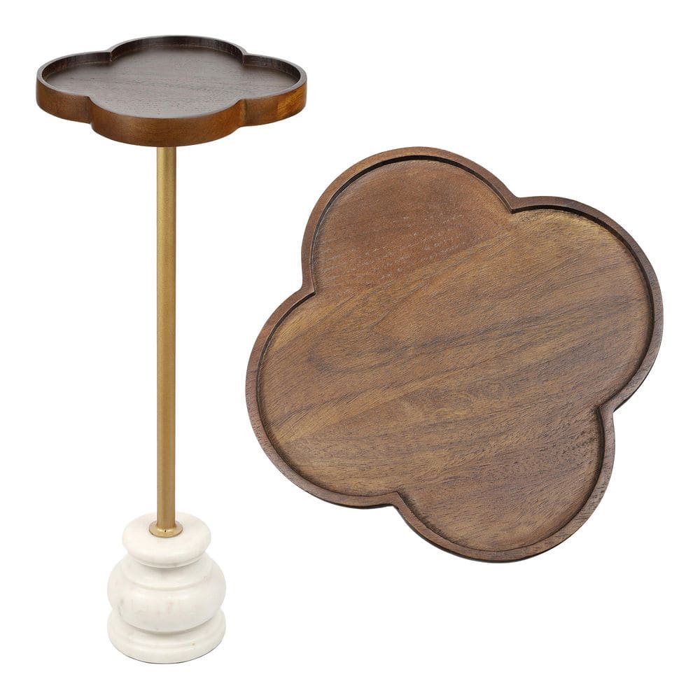 Colby 10 in. Classic Cottage Specialty Wood/Metal Drink Table with Quatrefoil Top and White Marble Base, Dark Brown/Gold