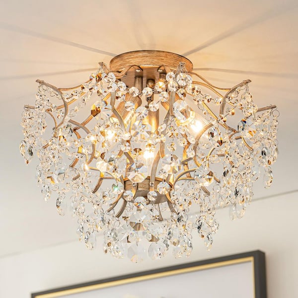HUOKU Neuvy 20.9 in. W 3-Light Brush Gold Semi-Flush Mount