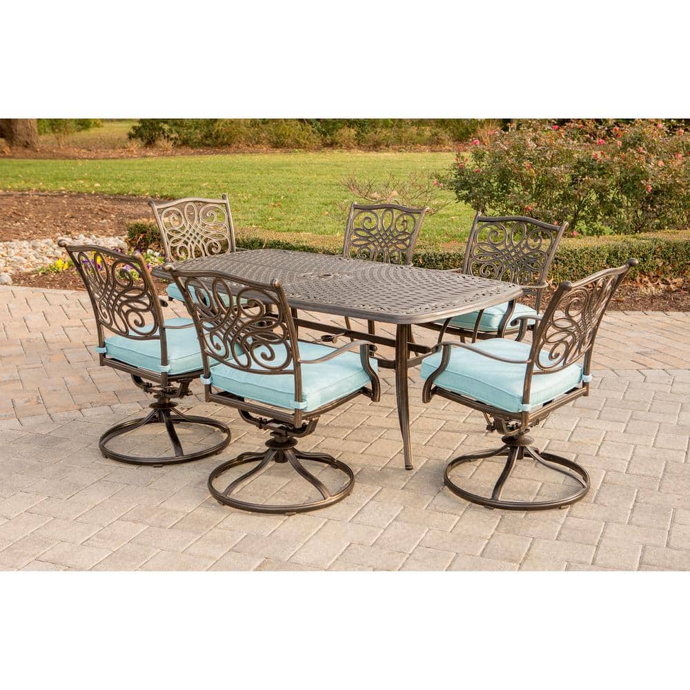 Bronze Aluminum Outdoor Dining Set with Blue Cushions