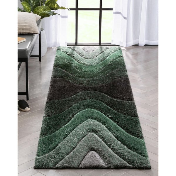 San Francisco Luz Modern Geometric Shag Hand-Carved, Green 2 ft. 7 in. x 9 ft. 10 in. Runner, Area Rug