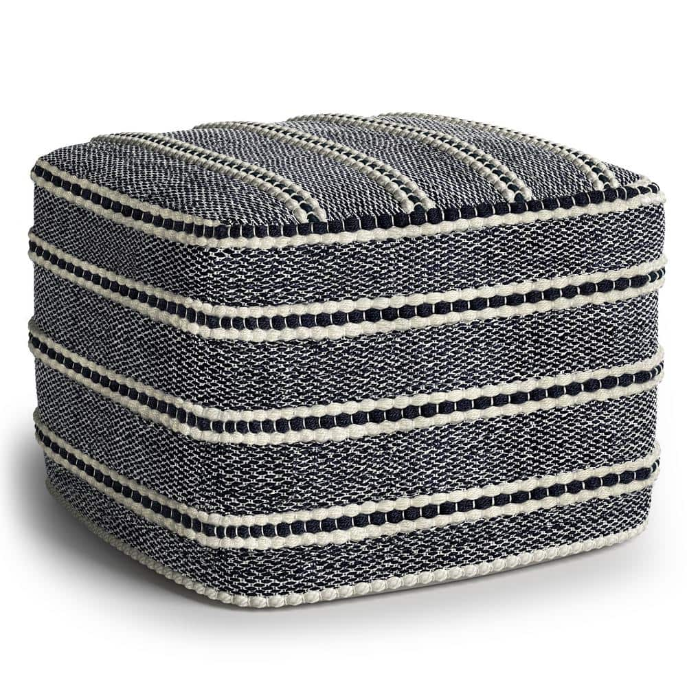 Simpli Home Corrie Boho Square Woven Outdoor/ Indoor Pouf in Navy and White Recycled PET Polyester