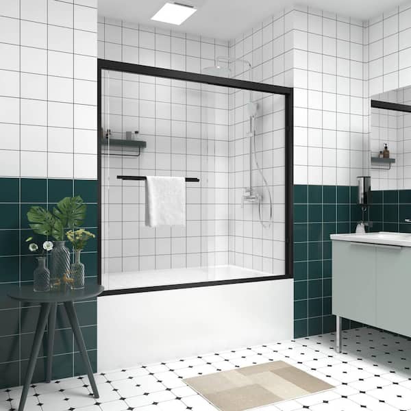 60 in. W x 58 in. H Double Sliding Aluminum Frame Tub Door in Matte Black with Clear Tempered Glass