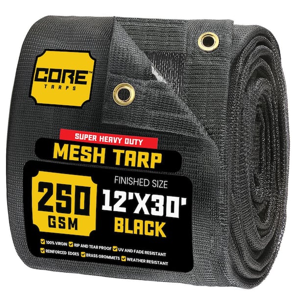 12 ft. x 30 ft. Black 250 GSM 7.5 OZ Heavy Duty Mesh Tarp, UV Resistant