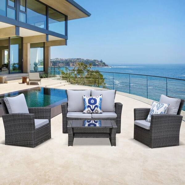 Unbranded Gray 4-Piece Wicker Outdoor Sectional Set with Gray Cushions and End Side Coffee Table