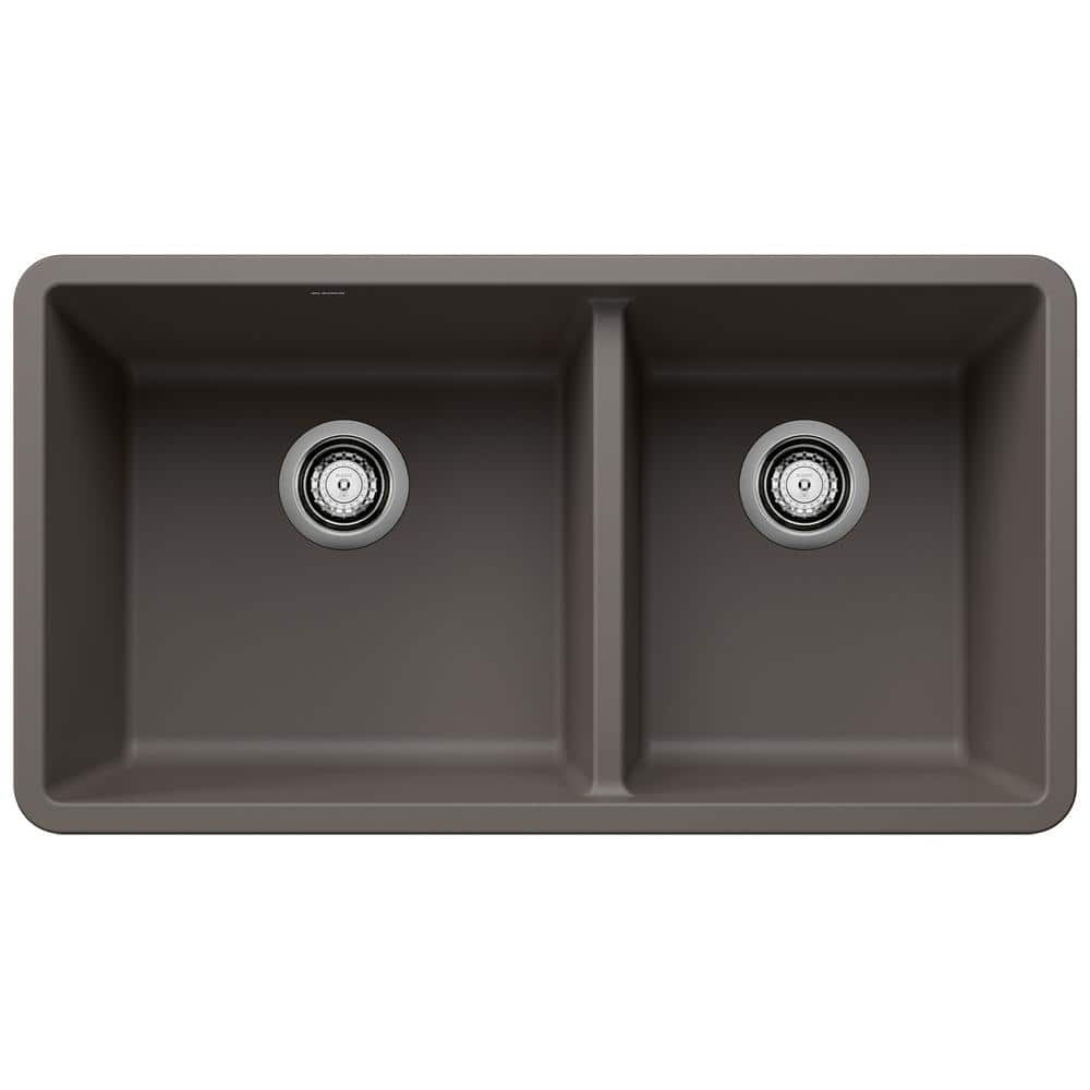 Precis Silgranit 33 in. Undermount 60/40 Double Bowl Volcano Gray Granite C
