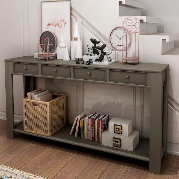 Boyel Living 64 In Gray Standard Rectangle Wood Console Table With Storage Drawers Tr Wf189615aal The Home Depot Standard Rectangle Wood Console Table, Console Table With Storage Bins