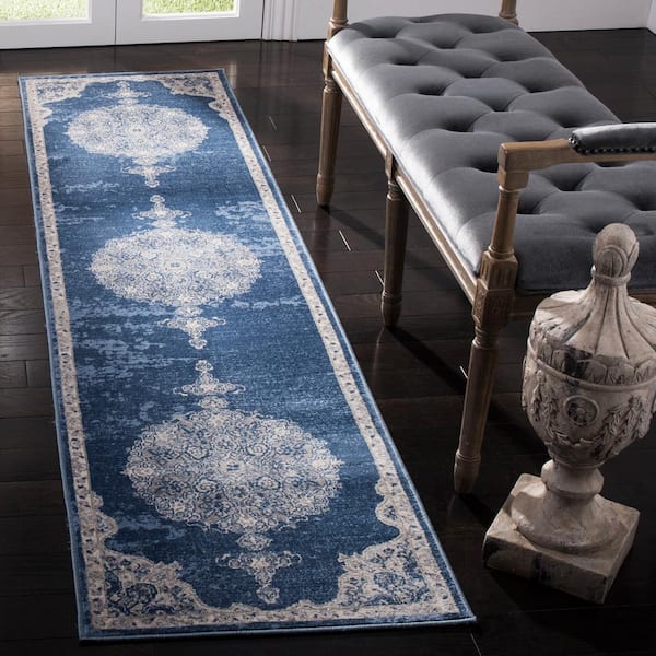 Brentwood Navy/Light Gray 2 ft. x 10 ft. Distressed Medallion Floral Runner Rug