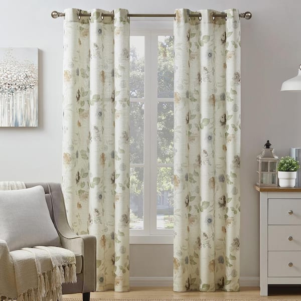 LiGHTSOUT with EnerShield Technology Blooming Natural 38 in. W x 84 in. Printed Grommet Light Filtering Curtain (Single Panel)