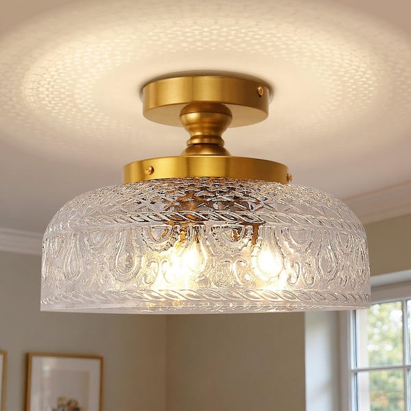 12 in. 3-Light Gold Semi Flush Mount Ceiling Light with Bowl Glass Shade Fixture for Bedroom, Kitchen, Hallway, Porch
