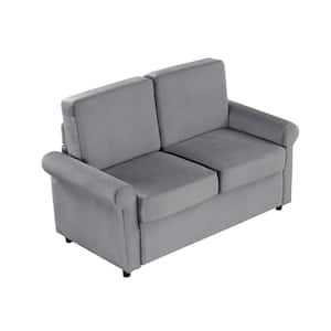 57.4 in. Gray Cannes Velvet 2-Seater Pull Out Sofa Bed with Twin Size Mattress Pad and 2 USB Ports