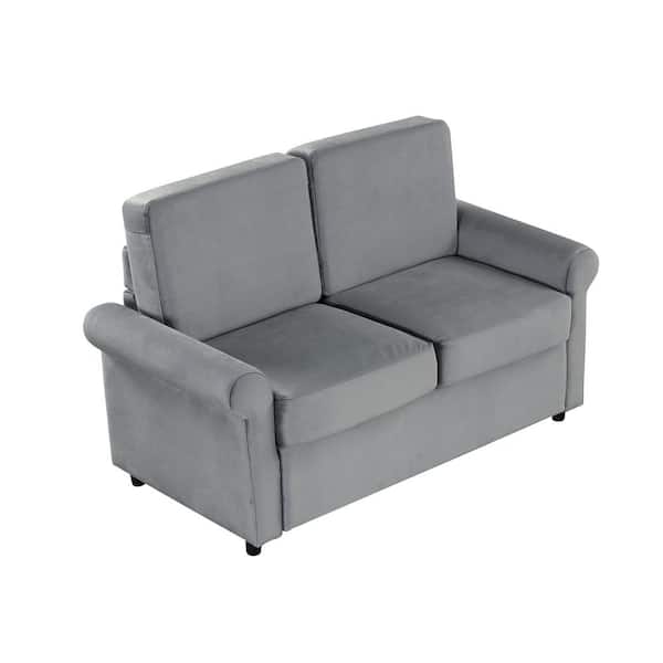 Nestfair 57.4 in. Gray Cannes Velvet 2-Seater Pull Out Sofa Bed with Twin Size Mattress Pad and 2 USB Ports