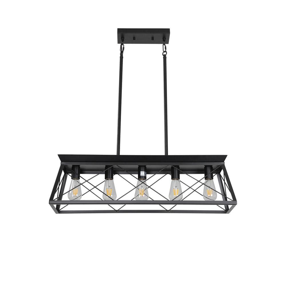 5-Light Black Metal Geometric Farmhouse Chandelier Fixture for Kitchen Isla