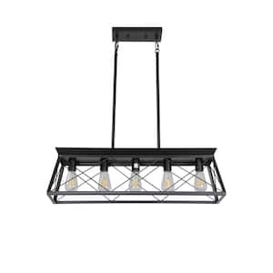 5-Light Black Metal Geometric Farmhouse Chandelier Fixture for Kitchen Island with Rustic Rectangle Frame