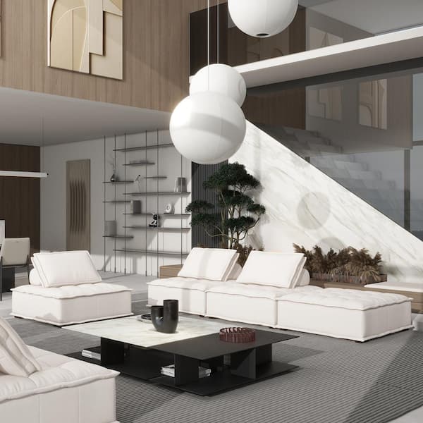 Jennifer Taylor Arwen 168 in. 4-Pieces Linen Sectional Sofa in White Beige Rectangle Modular Pillow-Back