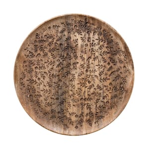 15.5 in. W x 0.75 in. H x 15.5 in. D Round Natural Mango Wood Serving Tray with Laser Etched Botanicals