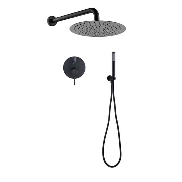 Double Handle 1-Spray Wall Mounted Shower Faucet 1.8 GPM with Pressure Balance Brass 10 In. Shower System in Matte Black