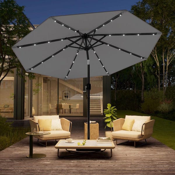 10 ft. Steel Solar-powered Round Outdoor Market Patio Umbrella with Crank in Gray