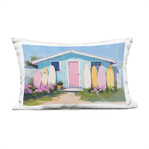 Cabin with Pastel Surfboards Blue Rectangular Outdoor Throw Pillow