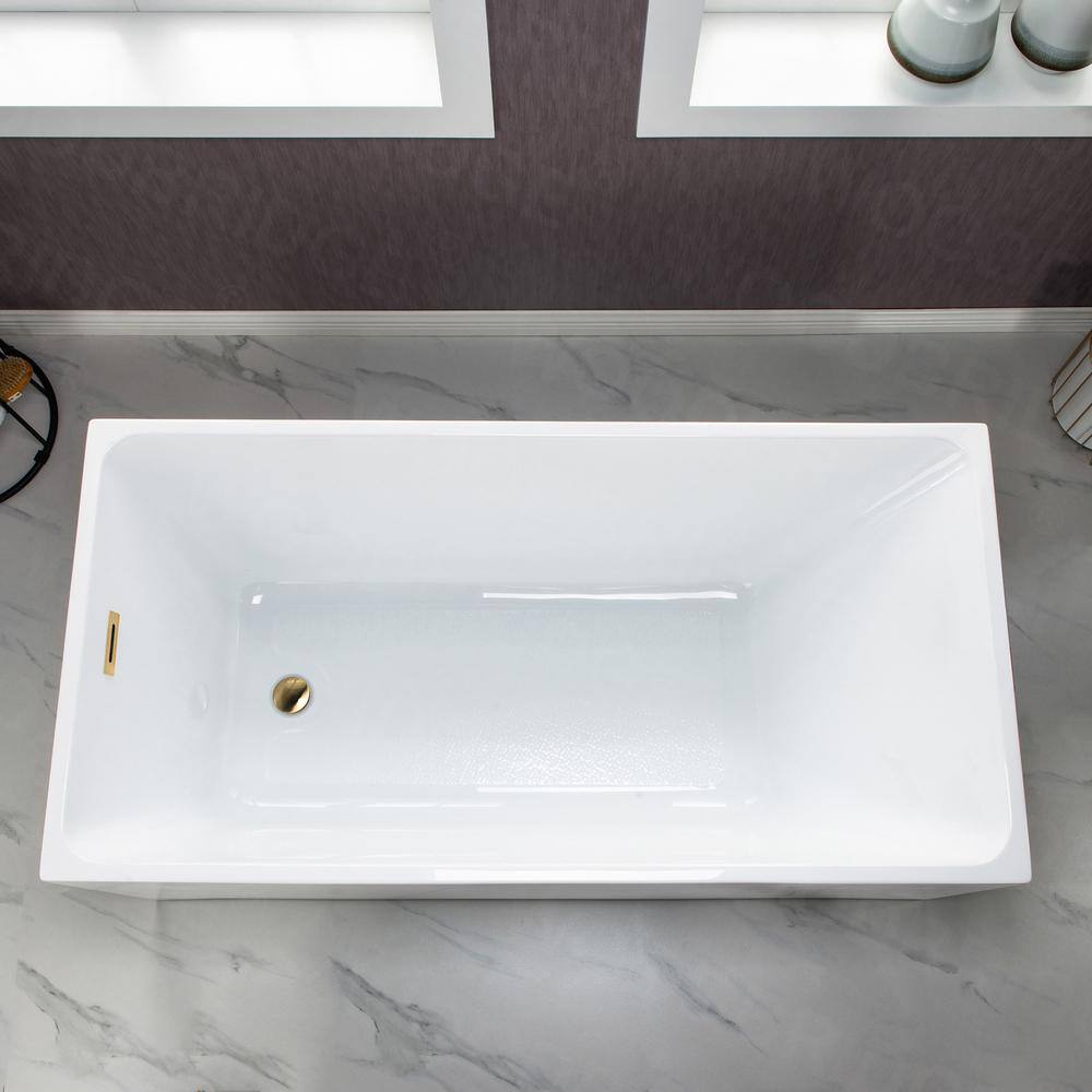 67" White Acrylic Freestanding Rectangular Bathtub with Brushed Gold Trim