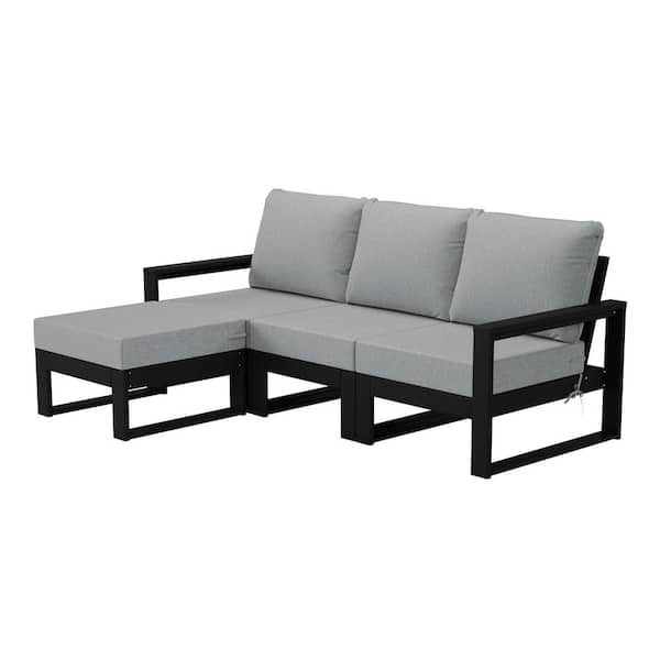 Endless Black Frame 4-Piece HDPE Plastic Outdoor Deep Seating Sectional Set with Ottoman with Light Gray Cushions