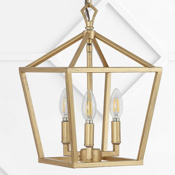 JONATHAN Y Ojai 10 in. 3-Light Iron Classic Modern Lantern LED Brass Gold Pendant