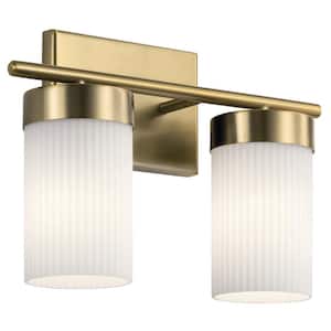 Ciona 14.5 in. 2-Light Brushed Natural Brass Traditional Bathroom Vanity Light with Round Ribbed Glass