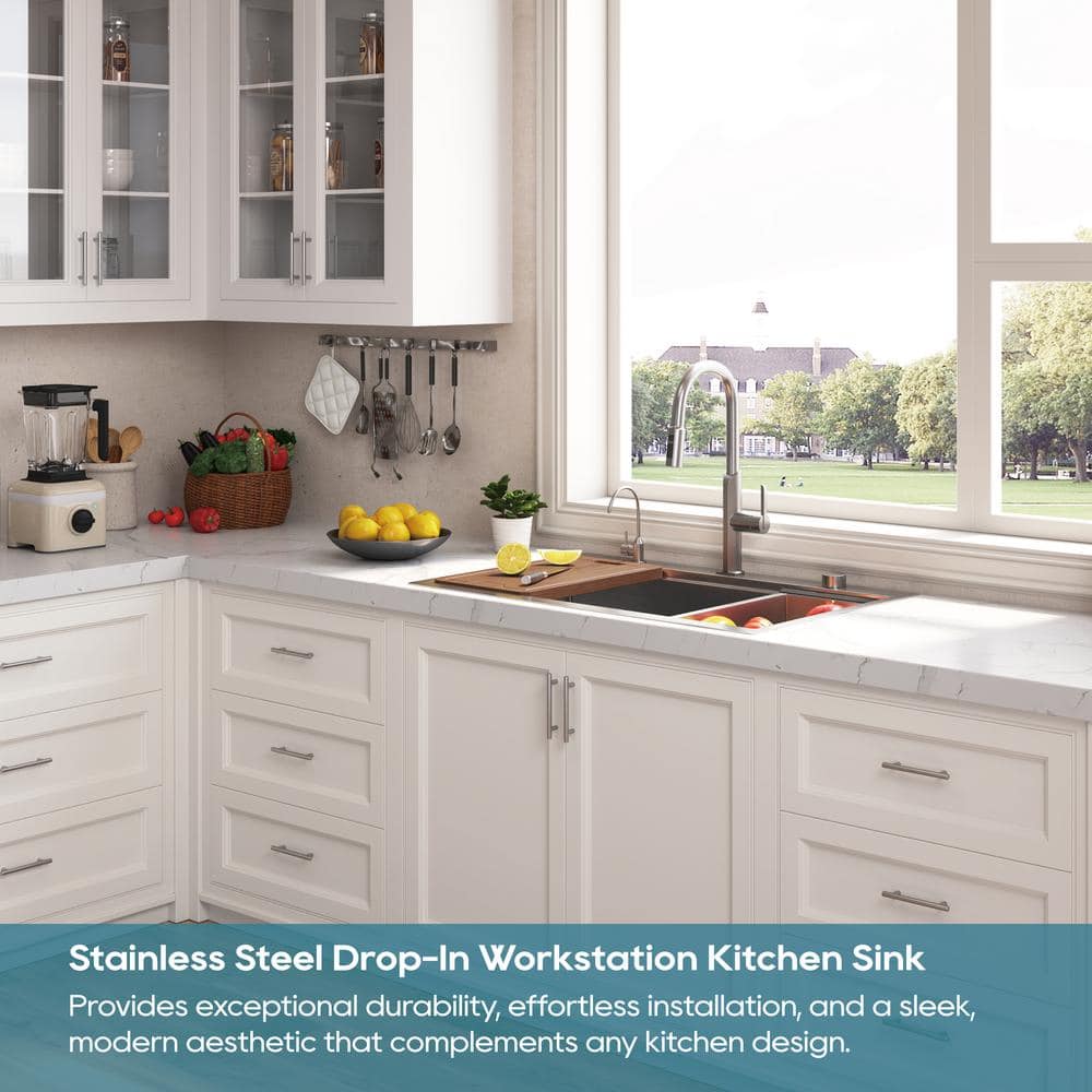 33'' Brushed Stainless Steel Single Bowl Drop-In Workstation Sink