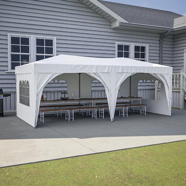 Otryad 10 ft. x 20 ft. White Pop Up Canopy Portable Outdoor Party Tent with 6 Removable Sidewalls 1 Carry Bag and 6 Sand Bags