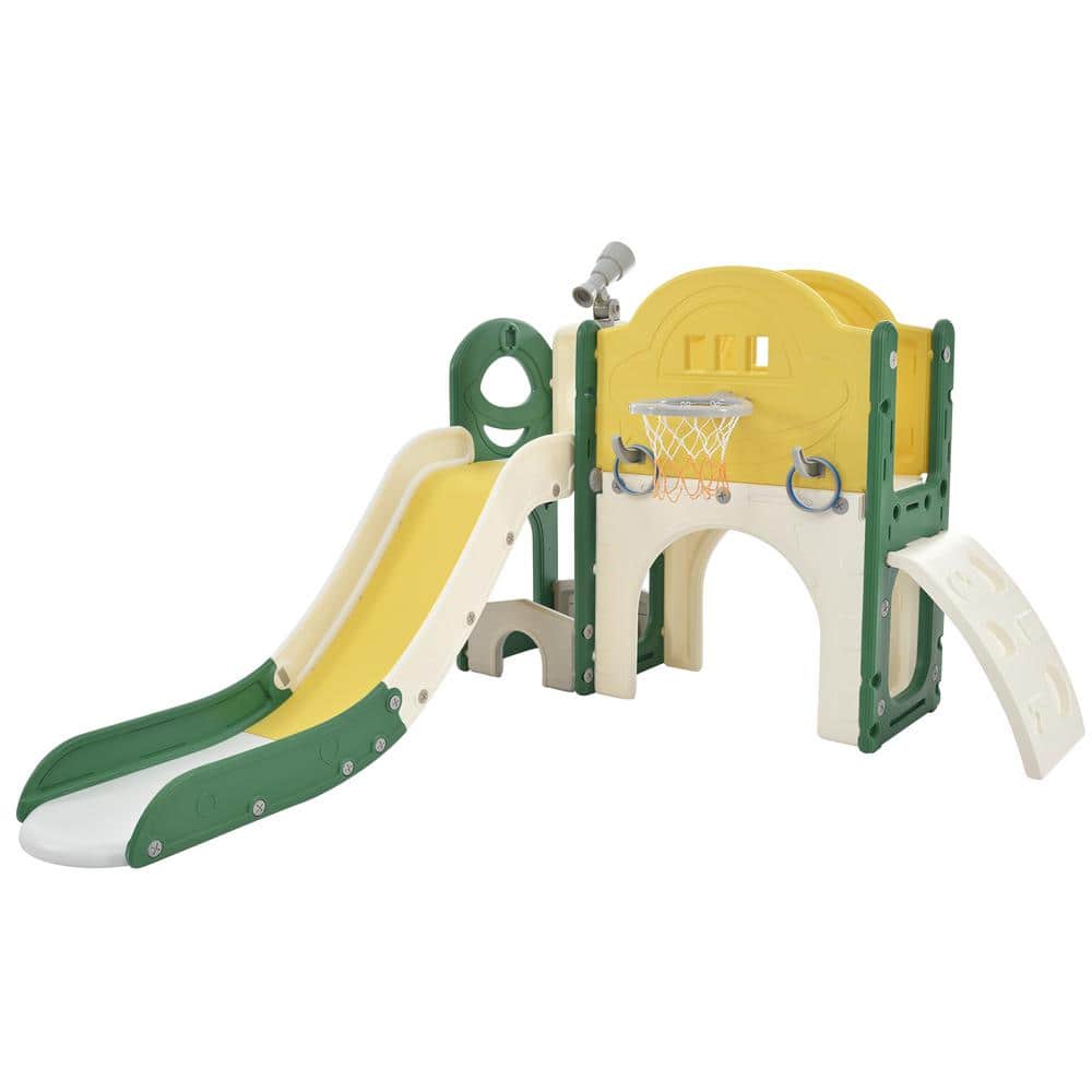 Yellow 7-In-1 Freestanding Spaceship Set with Slide, Arch Tunnel, Ring Toss