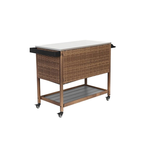Unbranded Brown Outdoor Patio Serving Cart Rattan Wicker Bar Cart W/ Wheels and Glass Top for Porch Backyard Garden Poolside Party
