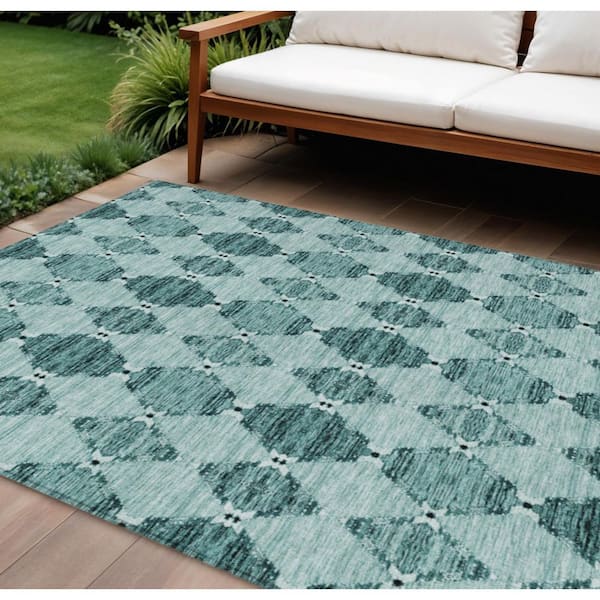 Teal Blue, Aqua, Charcoal 9 ft. x 12 ft. Woven Moroccan Polyester Rectangle Indoor/Outdoor Area Rug