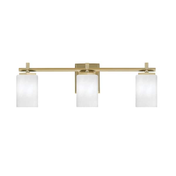 Unbranded Bridgewater 25 in. 3 Light Vanity Light New Age Brass with 4 in. White Marble Glass Shades, No Bulbs Included