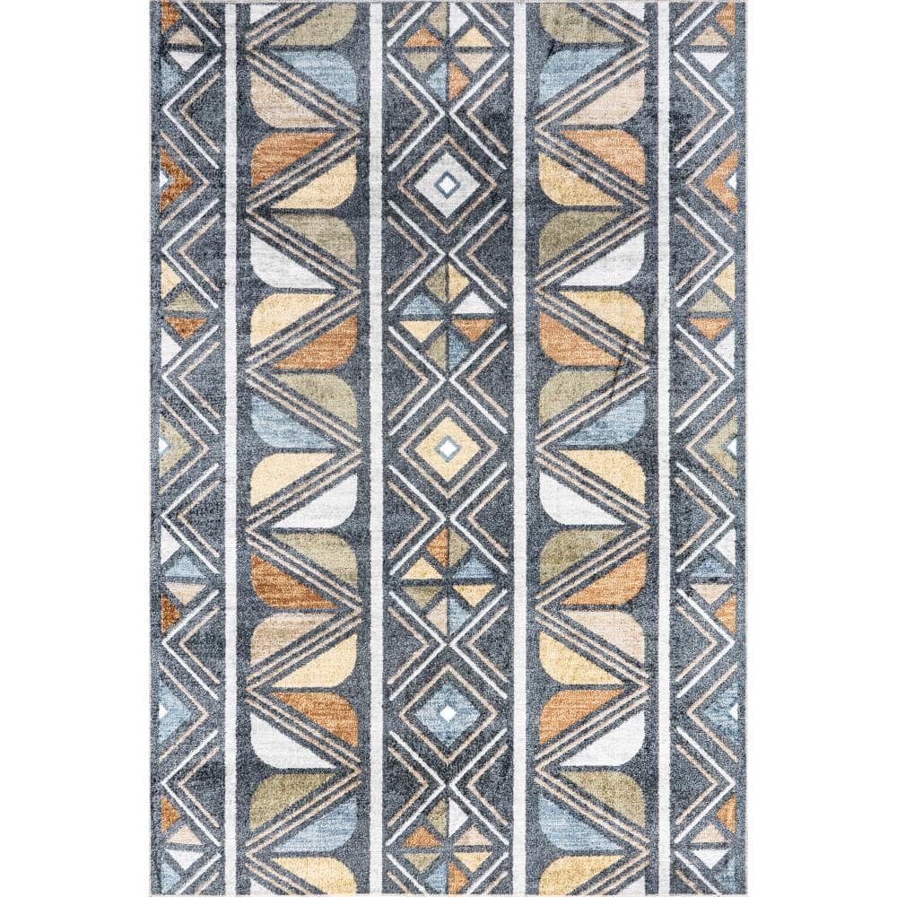 Dolina Blue Geometric Pattern Washable Synthetic Area Rug