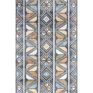 Dolina Tribal Stripes Machine Washable Blue 5 ft. 3 in. x 8 ft. Bohemian Area Rug