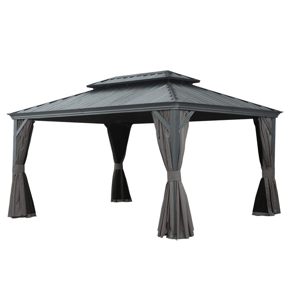 Gray Aluminum Hardtop Gazebo with Curtains and Netting, 12' x 16'