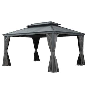 12 ft. x 16 ft. Gray Outdoor Hardtop Gazebo with Double Galvanized Steel Roof and Detachable Curtain and Netting