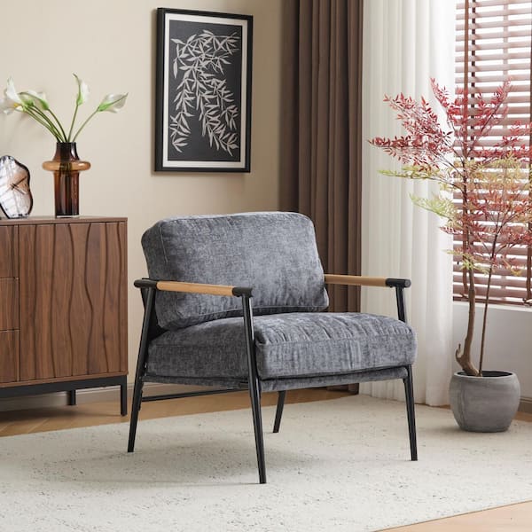 Harper & Bright Designs Minimalist Metal Frame Gray Polyester Arm Chair, Accent Chair with Plush Cushions, Wooden Armrests