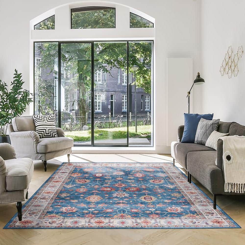 Cullen Blue and Tan Floral Border Washable Area Rug