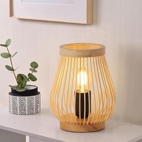 Zompoo Modern 7 in. 1-Light Wood Base Table Lamp for Living Room with Bamboo Shade and Switch, E26 Base, not include bulb