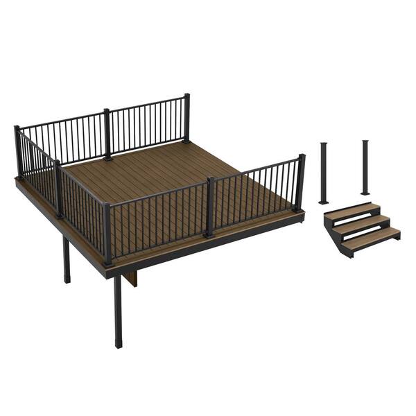 FORTRESS Apex Attached 12 ft. x 12 ft. Brazilian Teak PVC Deck Kit and 7-Step Stair Kit with Steel Framing and Aluminum Railing