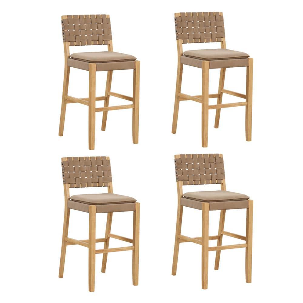 Cohen Natural Brown Wood and Faux Leather Bar Stools, Set of 4