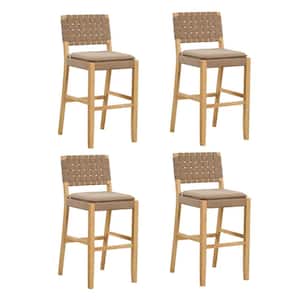 Cohen 29 in. Natural Brown Wood Mid-Century Faux Leather Counter Height Bar Stool, with Woven Back for Kitchen, Set of 4