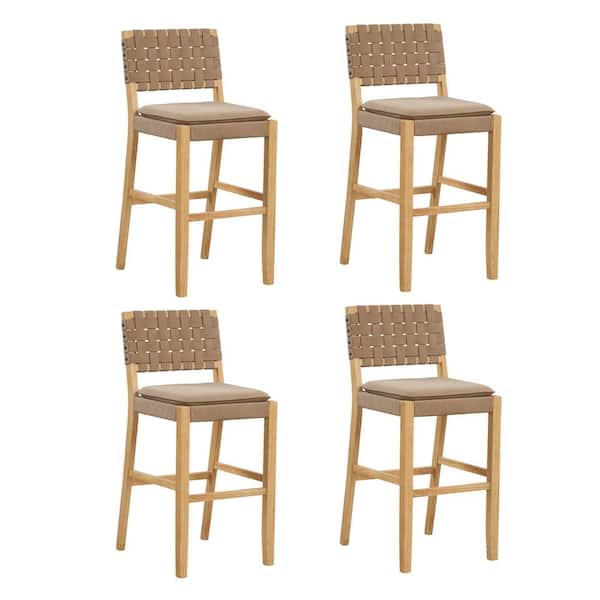 Nathan James Cohen 29 in. Natural Brown Wood Mid-Century Faux Leather Counter Height Bar Stool, with Woven Back for Kitchen, Set of 4